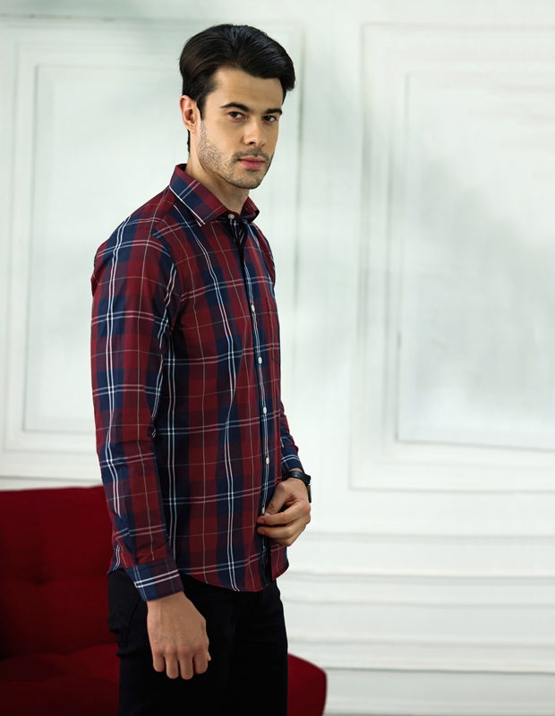 Brick Red Grid Cotton Check Shirt